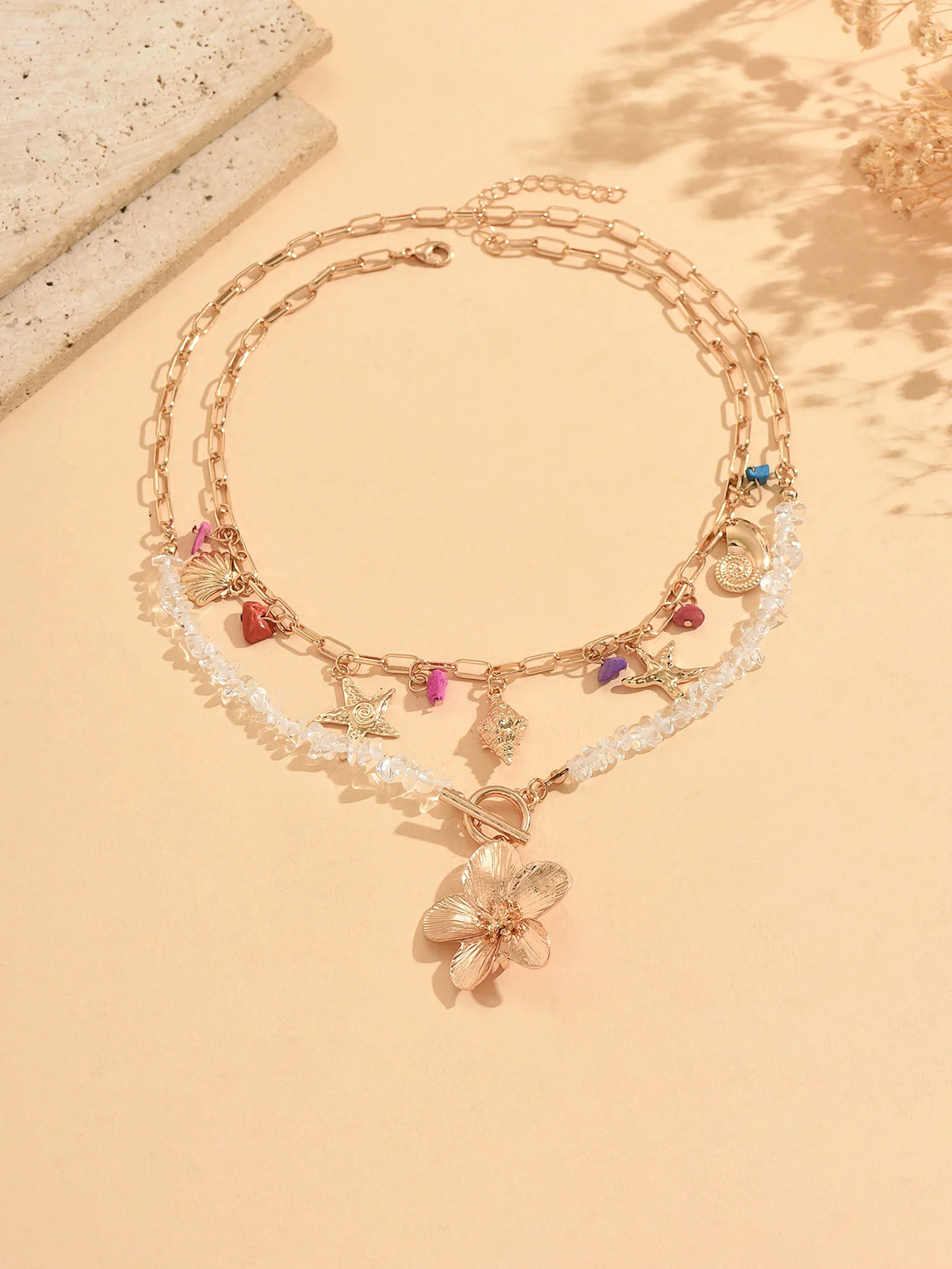 Summer Beach Boho Necklace Starfish Shell Pendant Layered OT Buckle Choker for W