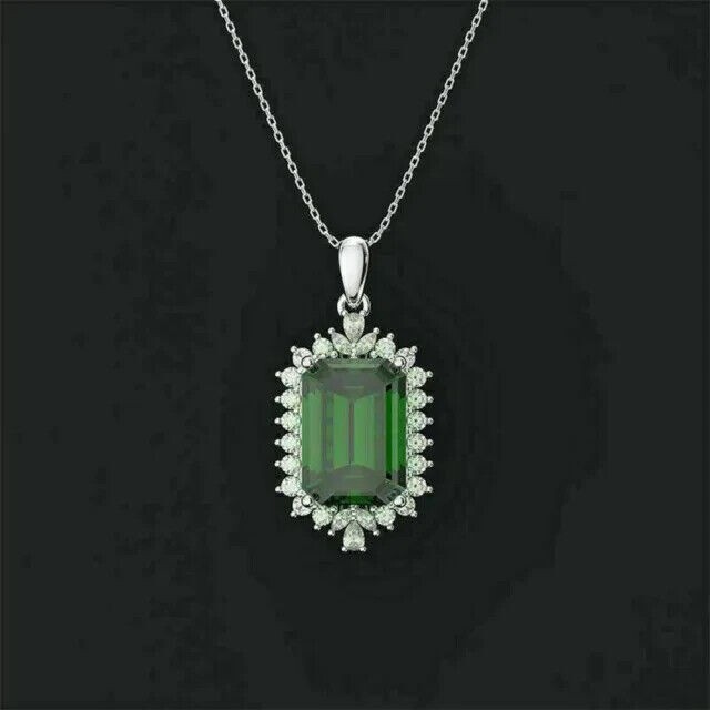Emerald Cut Simulated Emerald Women’s Stunning Pendant In 14k White Gold Plated