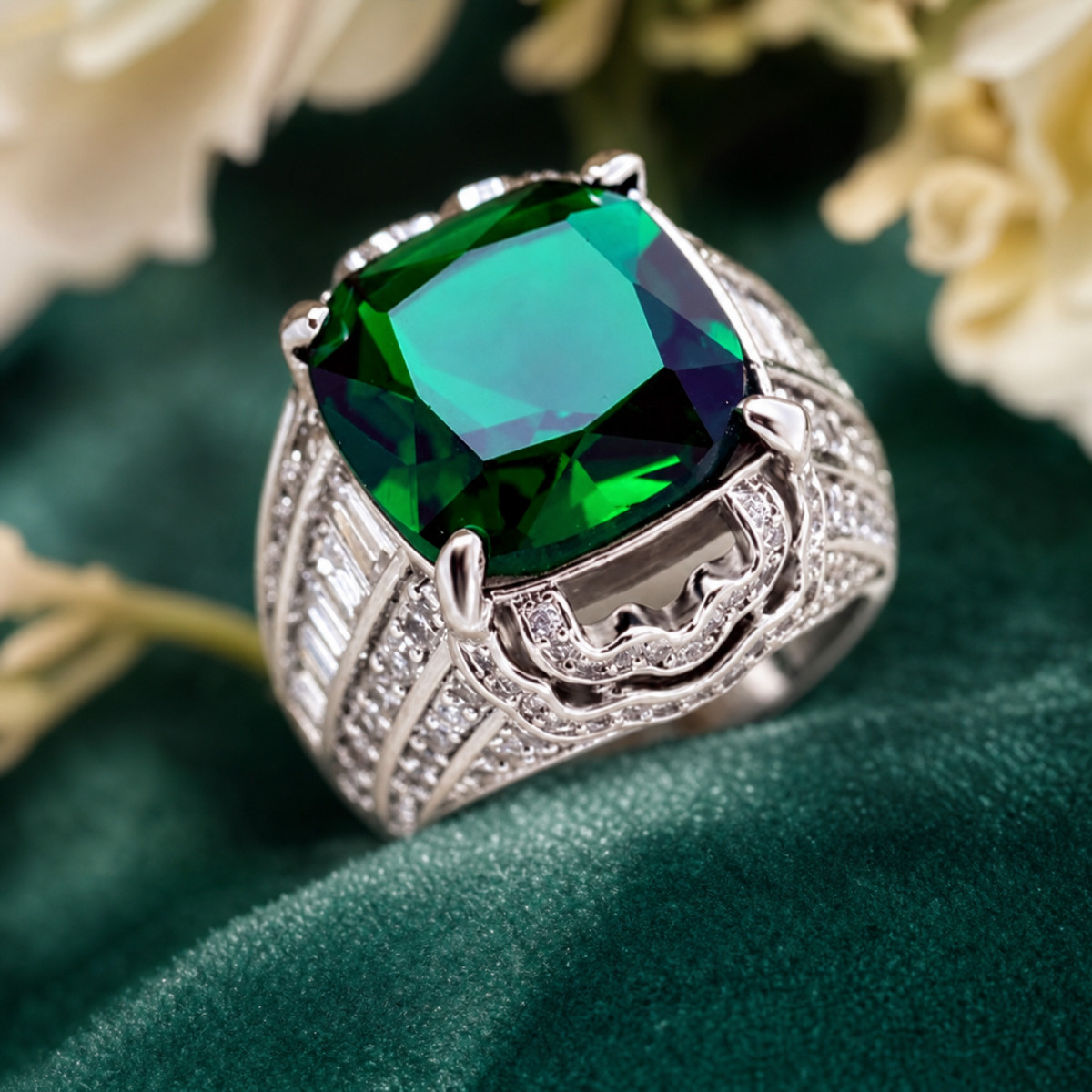𝟵𝟮𝟱 Silver Filled Ring Women Green Emerald Cushion CZ Cocktail Statement Sz 8