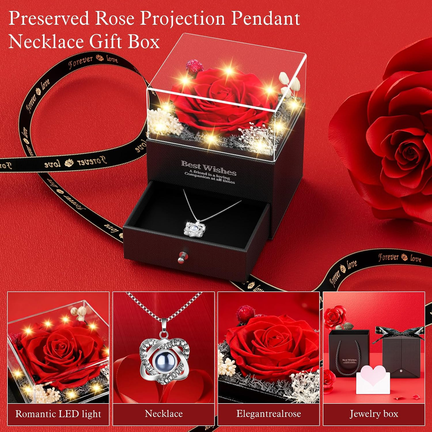 Preserved Red Rose Necklace with I Love You Heart – Forever Flowers Romantic Gif