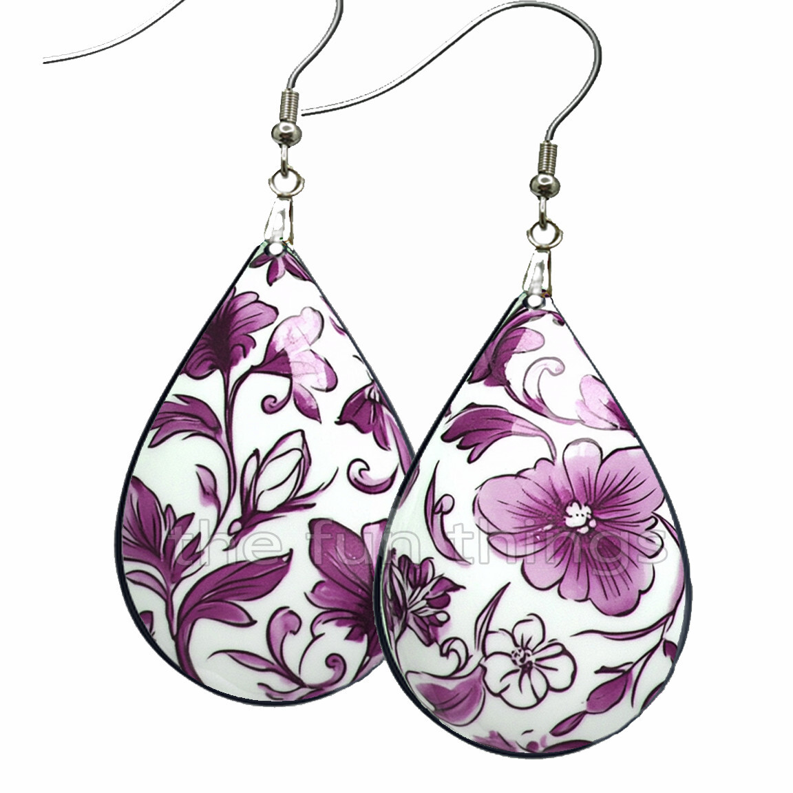 Magenta & White Floral Earrings Teardrop NO TARNISH Wood Summer Flowers Jewelry