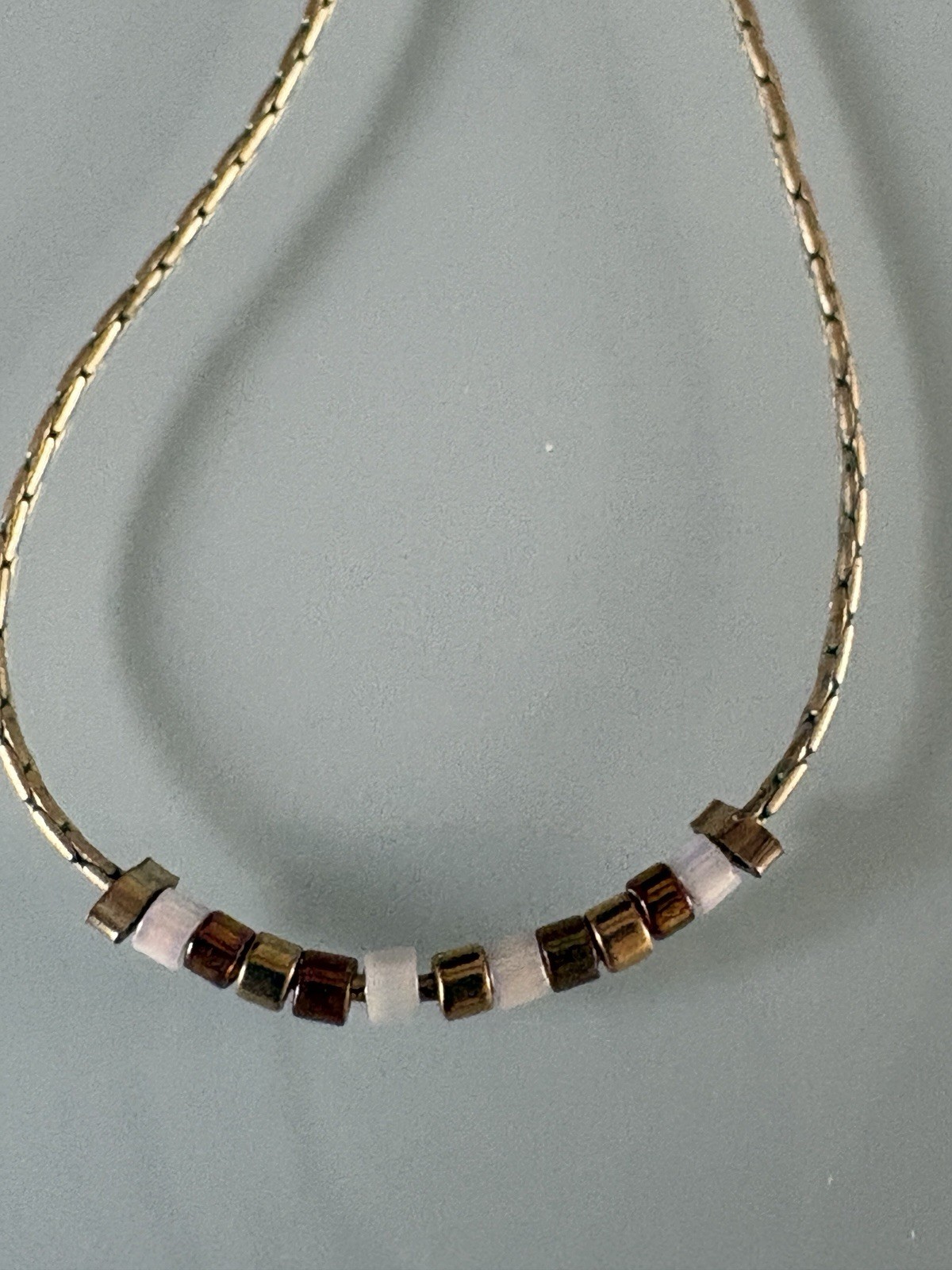 Vintage 1/20 12K Gold Filled Dainty Tube Chain Necklace White Gold Beads 16”