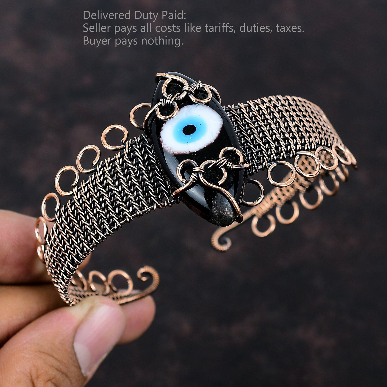 Natural Black Color Evil Eye Copper Mother Wire Wrapped Artisan Boho Ethnic Cuff