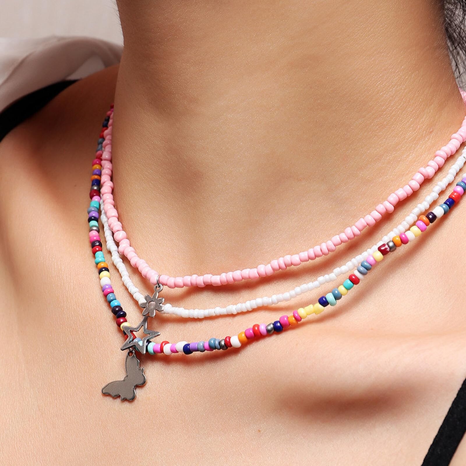 3Pcs Handmade Multilayered Colorful Beads Moon Star Butterfly Pendant Adjusta…