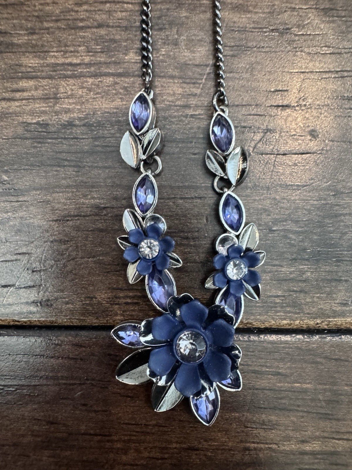 Blue Flower Enamel Charm Pendant Necklace Crystal Accents Silver Tone Adjustable