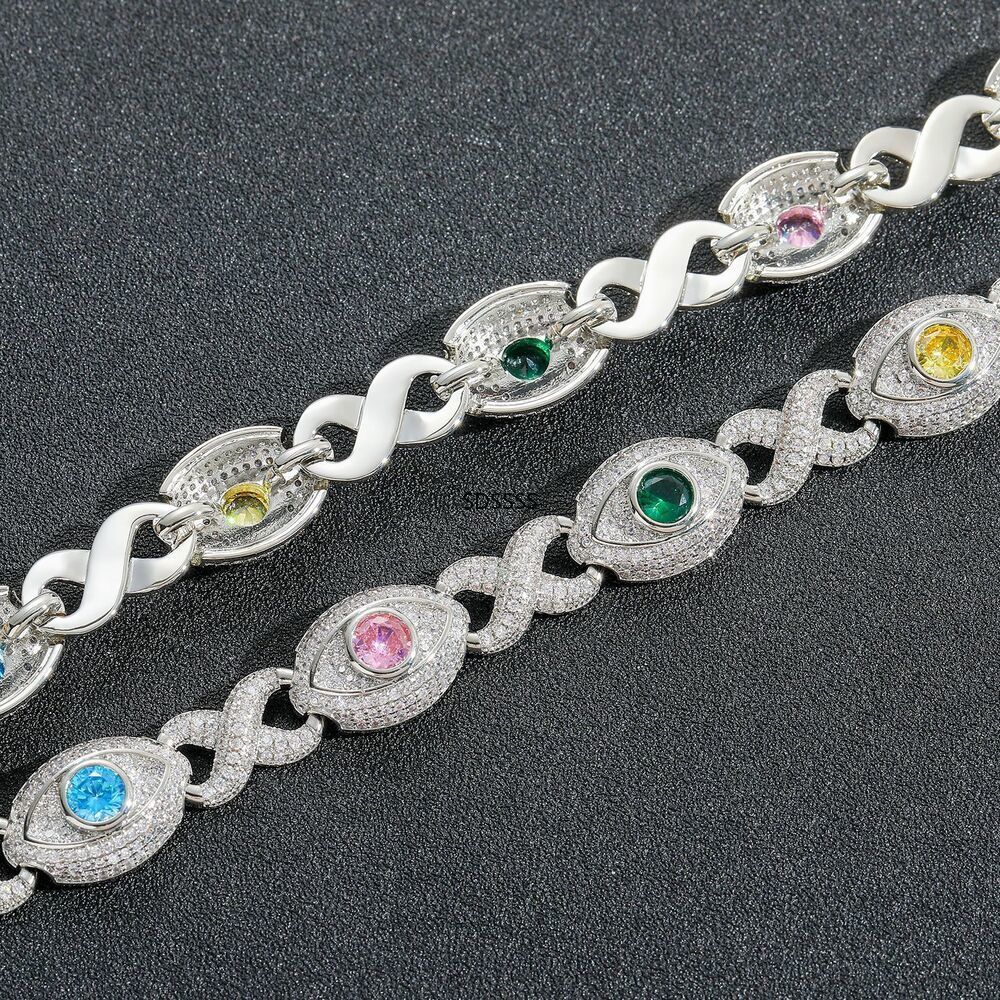 Cuban Chain Necklace Bracelets Zircon Mens Jewelry Hip Hop Colorful Eye