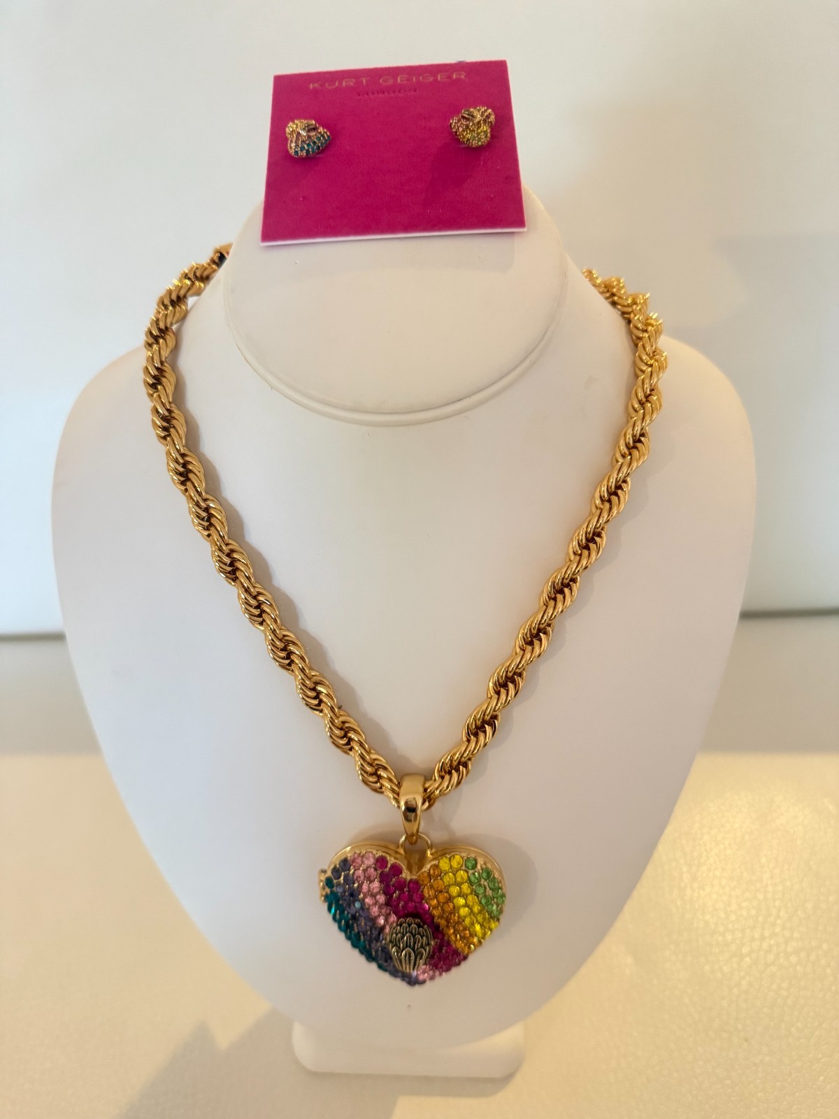 NWT KURT GEIGER LONDON XL CRYSTAL HEART LOCKET NECKLACE & EARRINGS W DUST BAG