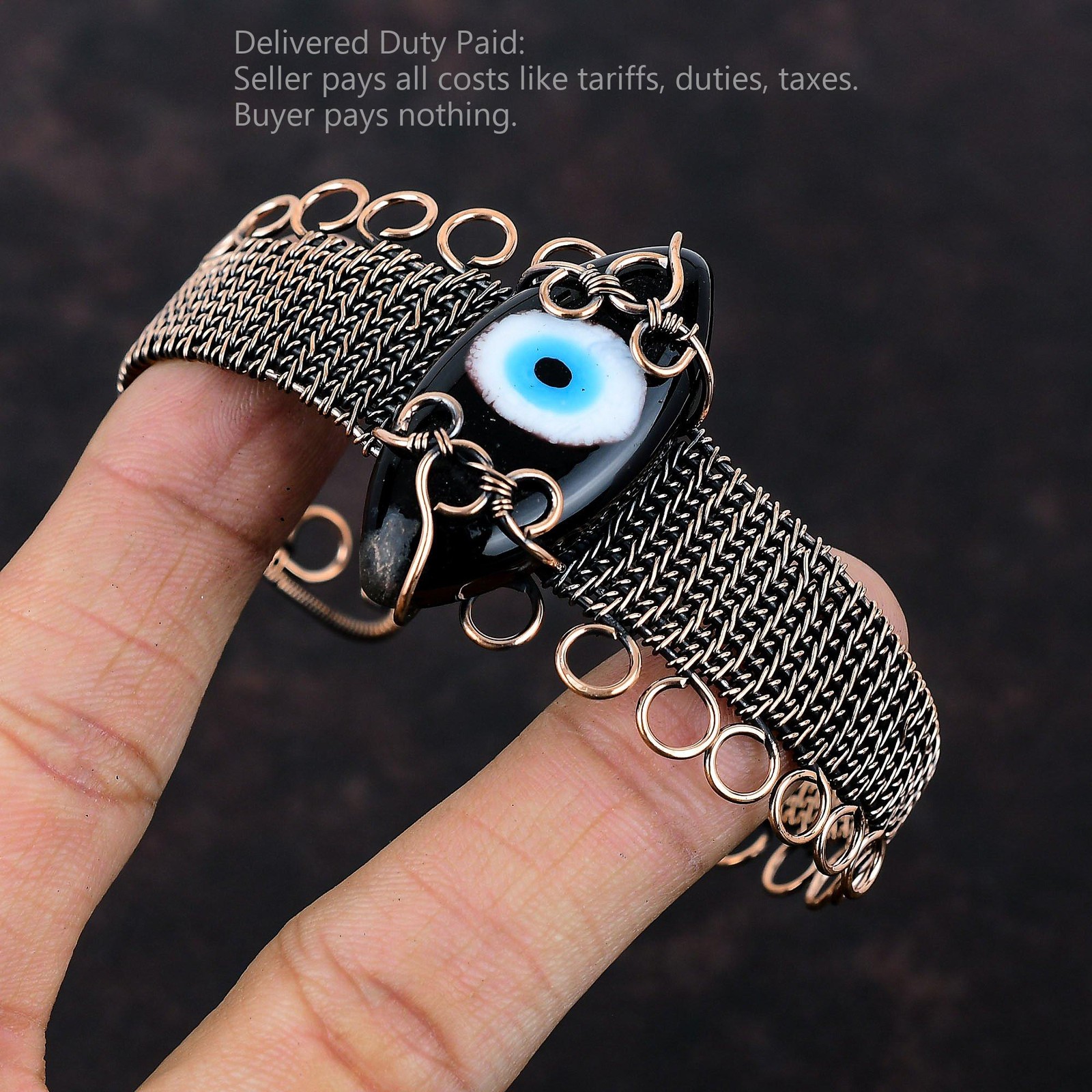 Natural Black Color Evil Eye Copper Mother Wire Wrapped Artisan Boho Ethnic Cuff