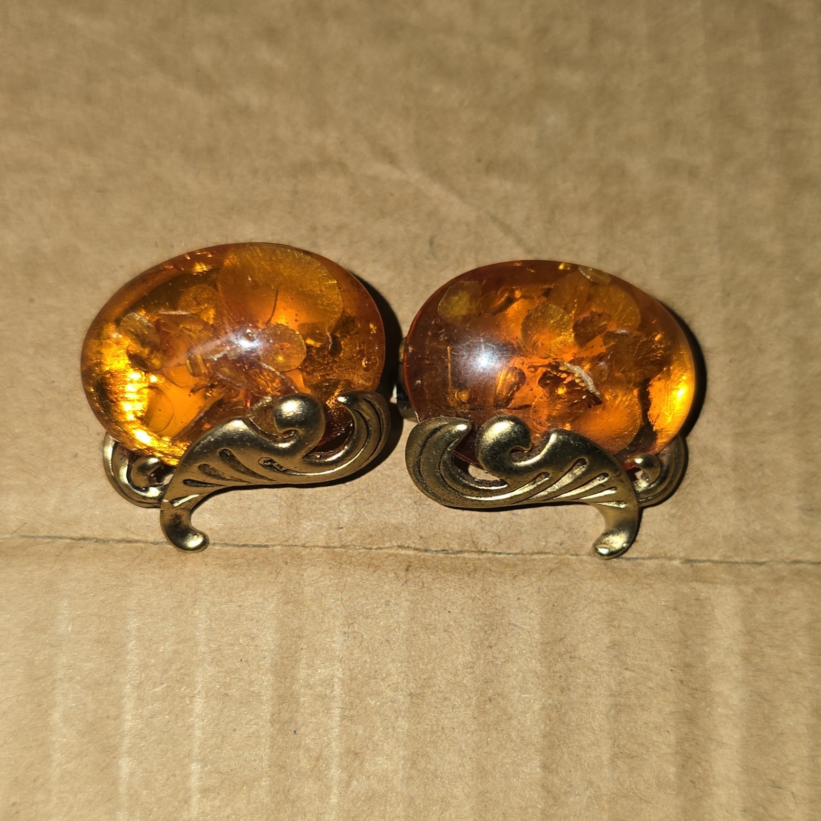 Silver Tone Clip-On Stud Earrings Oval Brown Amber Cabochon Bezel Pair