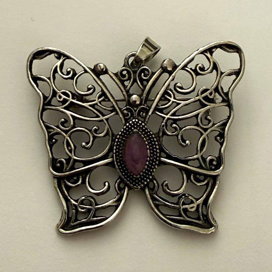 Vintage Silver Tone Filigree Butterfly Brooch Pin Pendant Combo Purple Stone