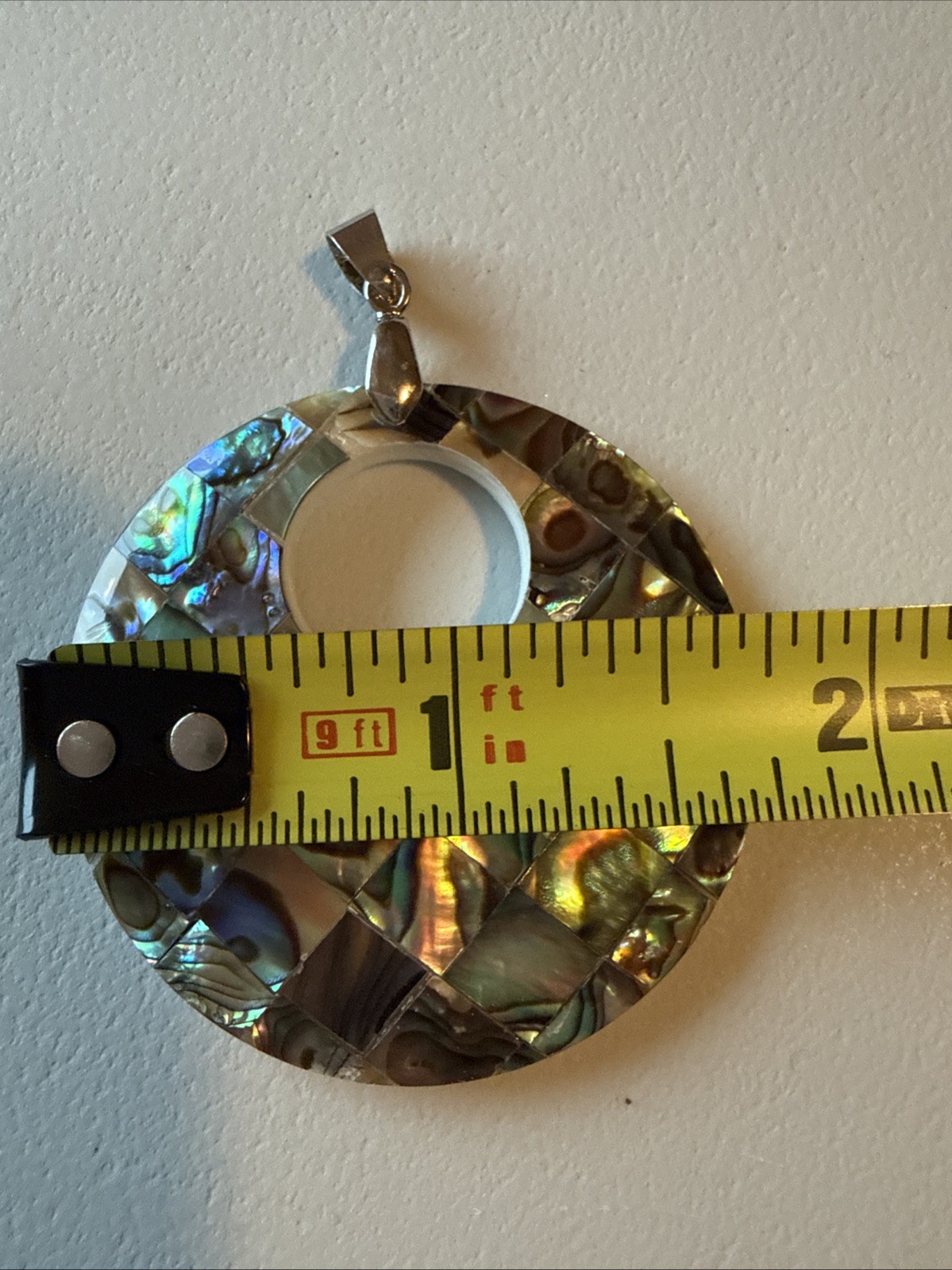 Abalone Shell Tree of Life Pendant Silver Tone Bail Reversible Approx 1.5” Diam