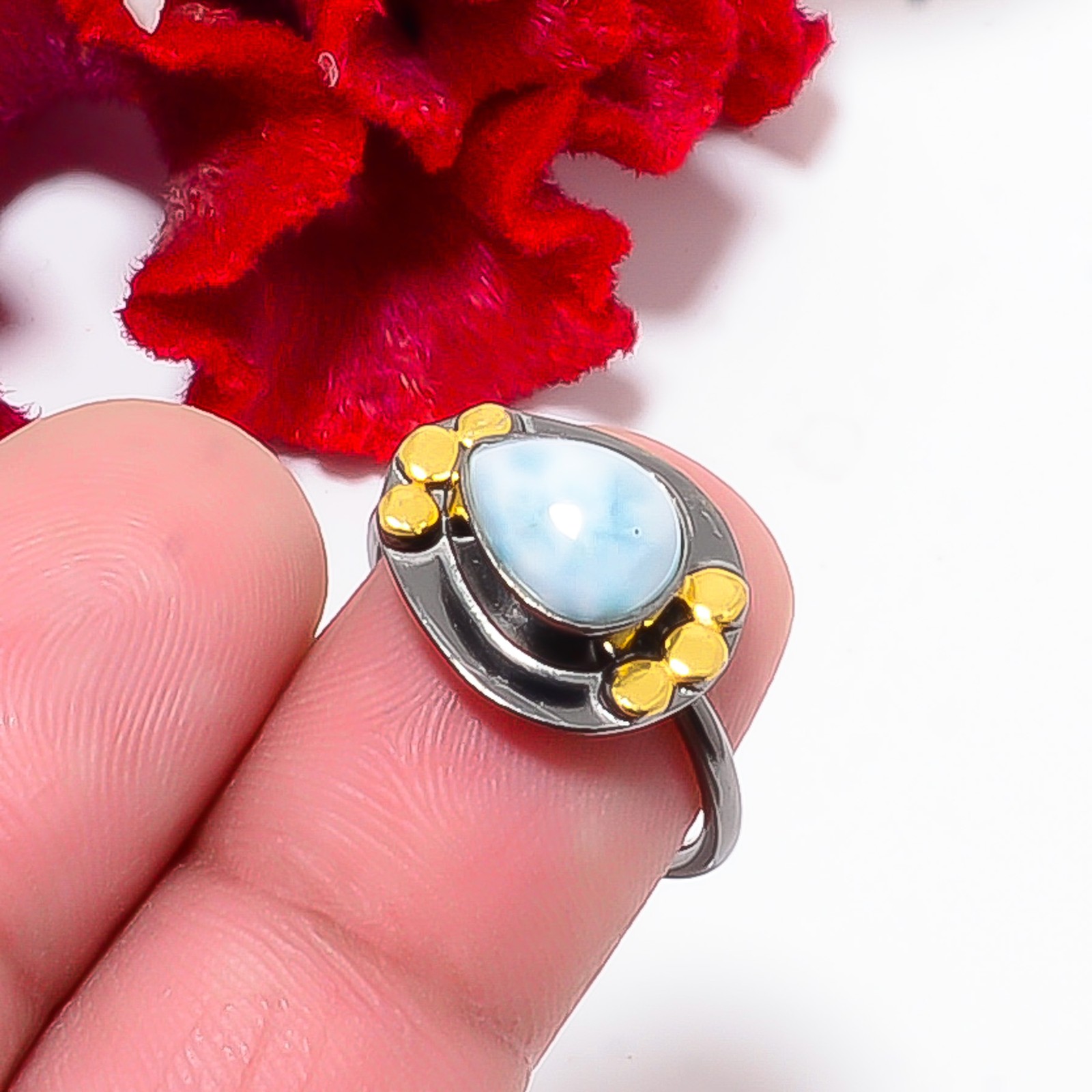Larimar Black And Gold Plated 925 Sterling Silver Ring S.6 R84442