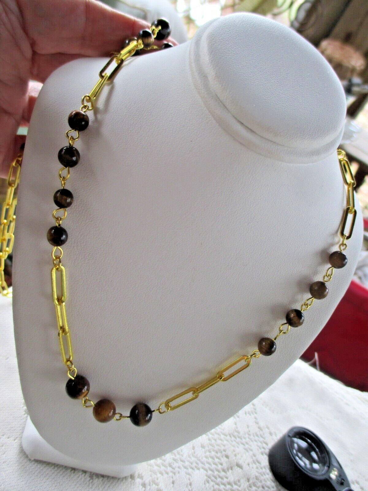 GENUINE TIGER’S EYE BEADED PAPER CLIP NECKLACE 28″