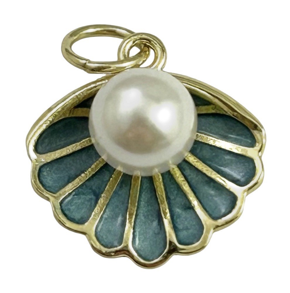 Seashell Charm Necklace Pendant Clamshell Faux Pearl Gold Plated Enamel Jewelry