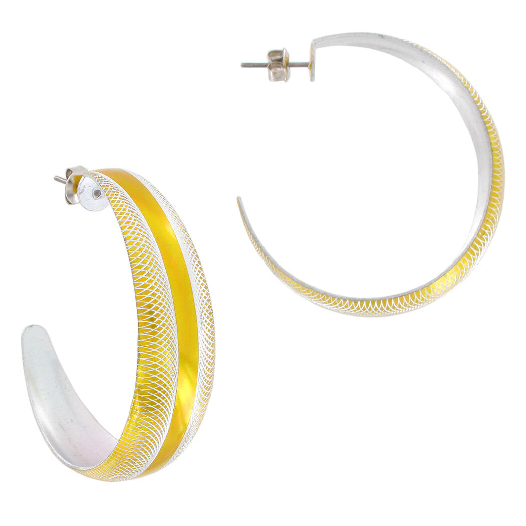 Pierced Hoop Earrings Silver Tone 1 3/4″ Yellow Stripe