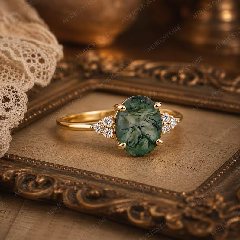 Lab Created Green Moss Agate Ring, Base Metal: Brass Finish: Gold Plated