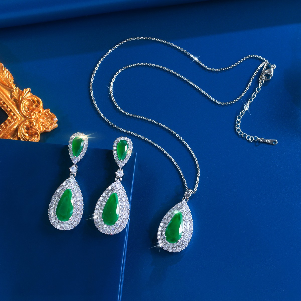 Silver Plated Long Teardrop Drop Earrings Necklace Women Zircon Jewelry Set Gift