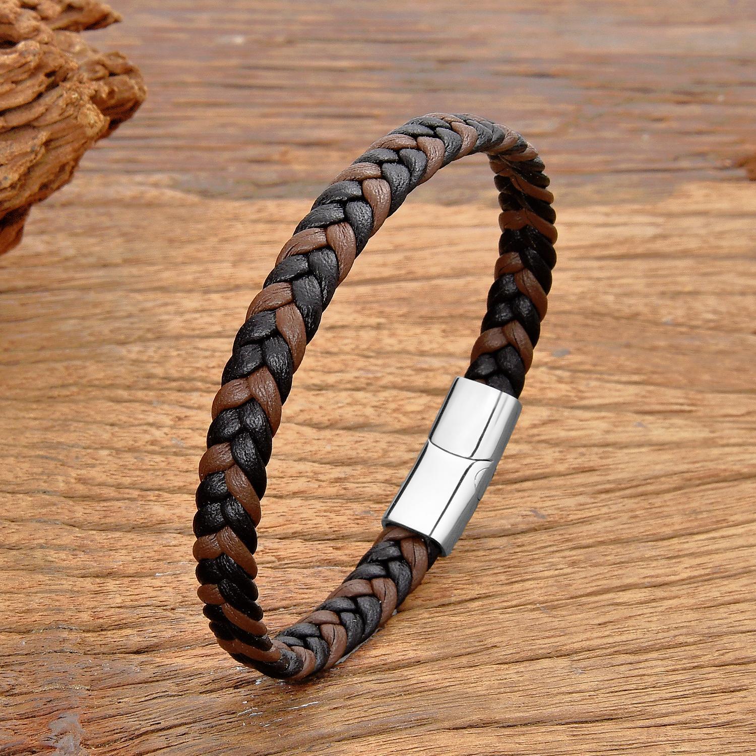 Simple Classic Stainless Steel Bracelet for Women & Men, Braided Leather Bangle