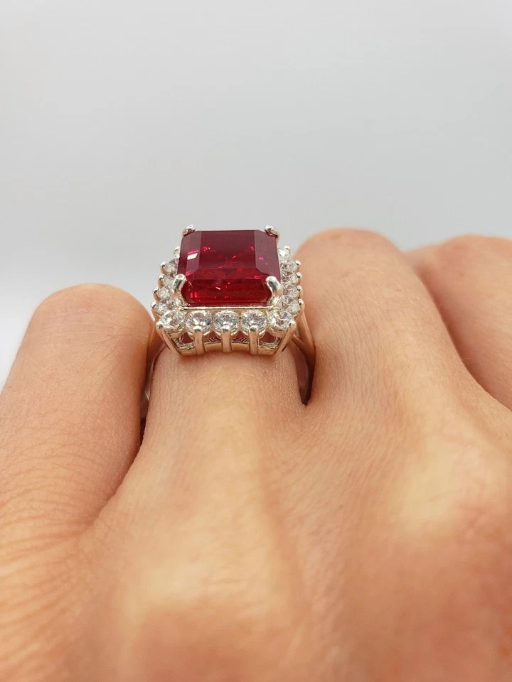 6.80Ct Emerald Cut Natural Ruby Diamond Engagement Ring 14K White Gold Plated