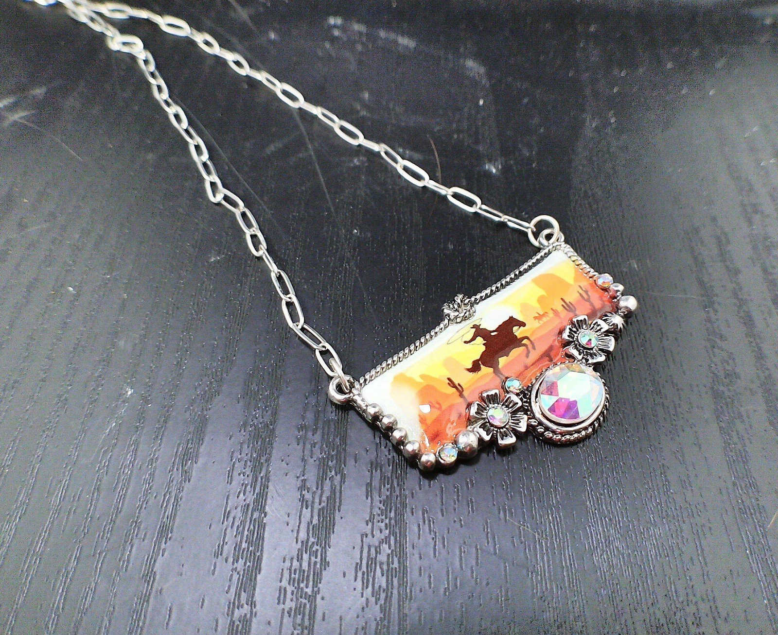 Western Theme AB Crystal Rhinestone Statement Necklace with Paperclip Chain