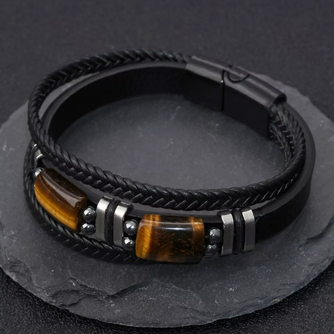 Tiger Eye Black Leather Men Bracelet Strength Crystal Stone Healing Fashion Gift