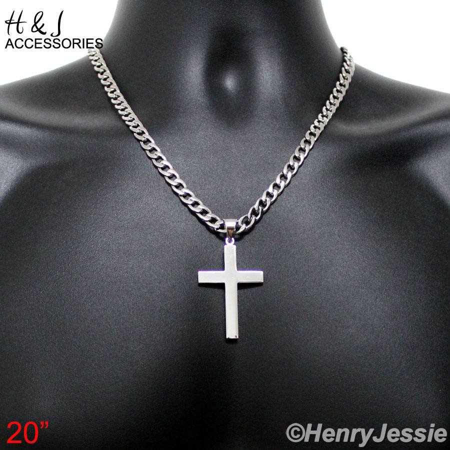 20″MEN Stainless Steel 6mm Silver Cuban Curb Chain Simple Plain Cross Pendant*64