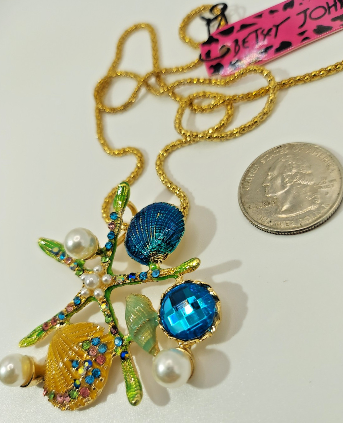Betsey Johnson Pearl Starfish Seashell Necklace Gold Teal Green Rhinestone-Gift
