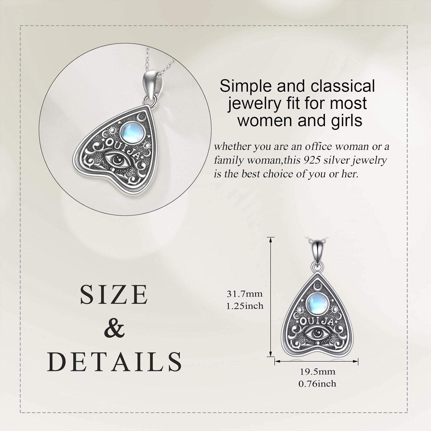 Sterling Silver Ouija Board Planchette Pendant Moonstone Necklace