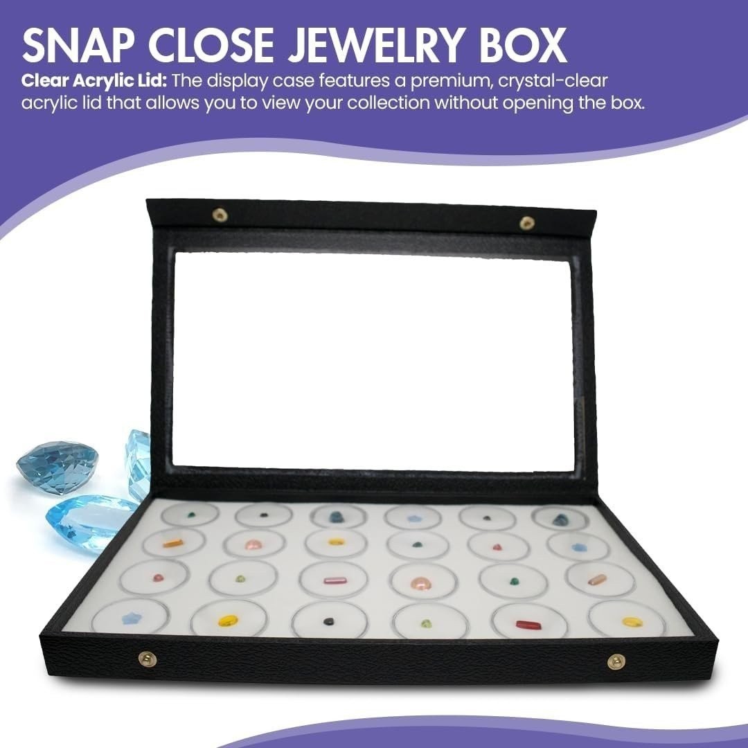 Large Jewelry Display Case 14.75×8.25 + 24 Gem Jars Clear Lid White Foam Tray