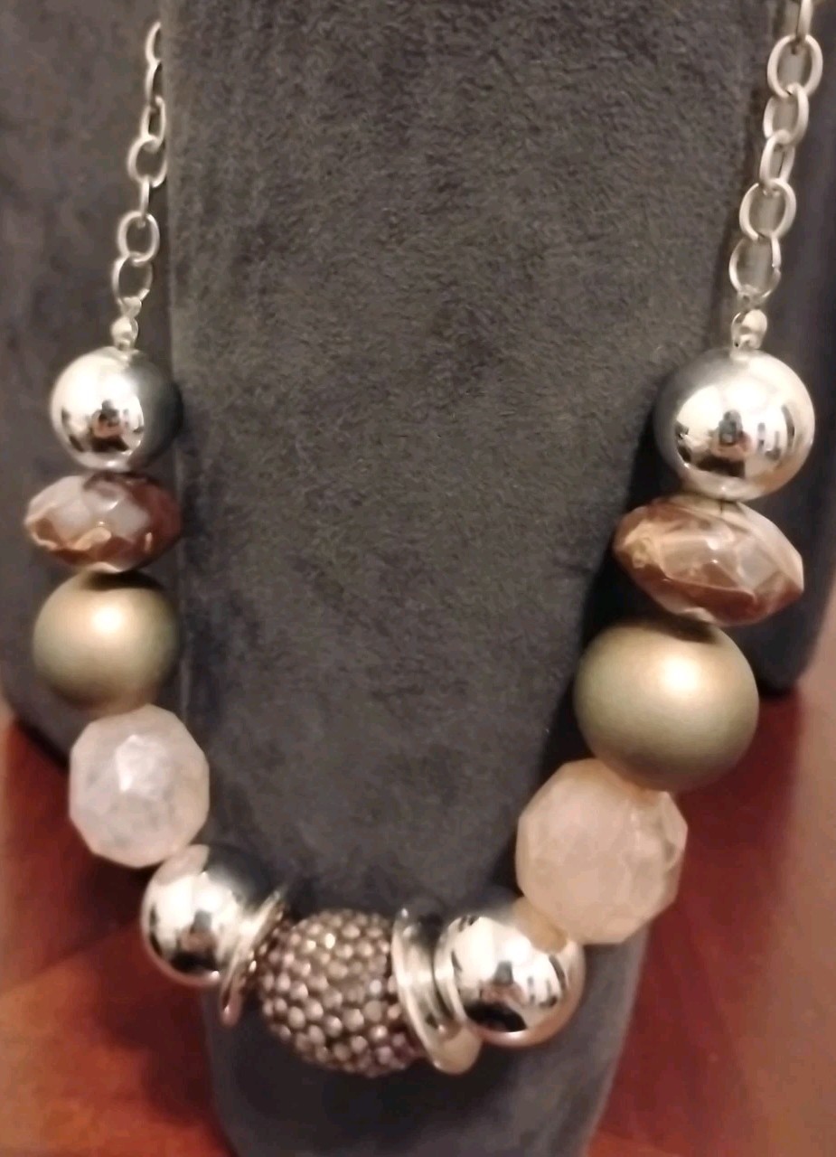 Paparazzi A Warm Welcome Brown Taupe Silver toned beaded statement necklace 23″