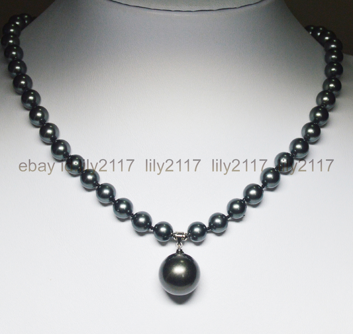 Pretty 8MM South Sea Black Shell Pearl Round Beads 16MM Pendant Necklace 18″