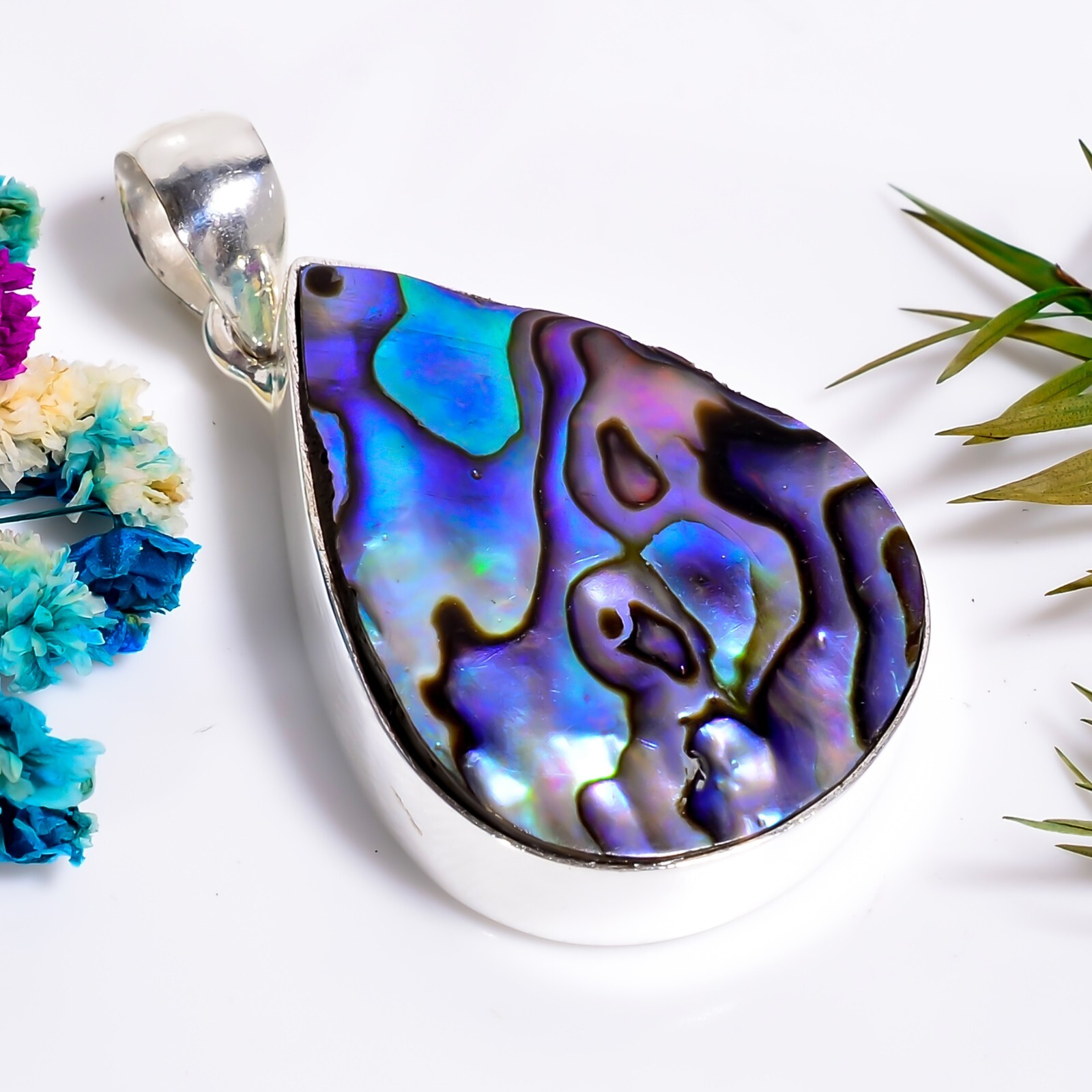 Abalone Shell Gemstone Ethnic Handmade Jewelry.925 Silver Pendant