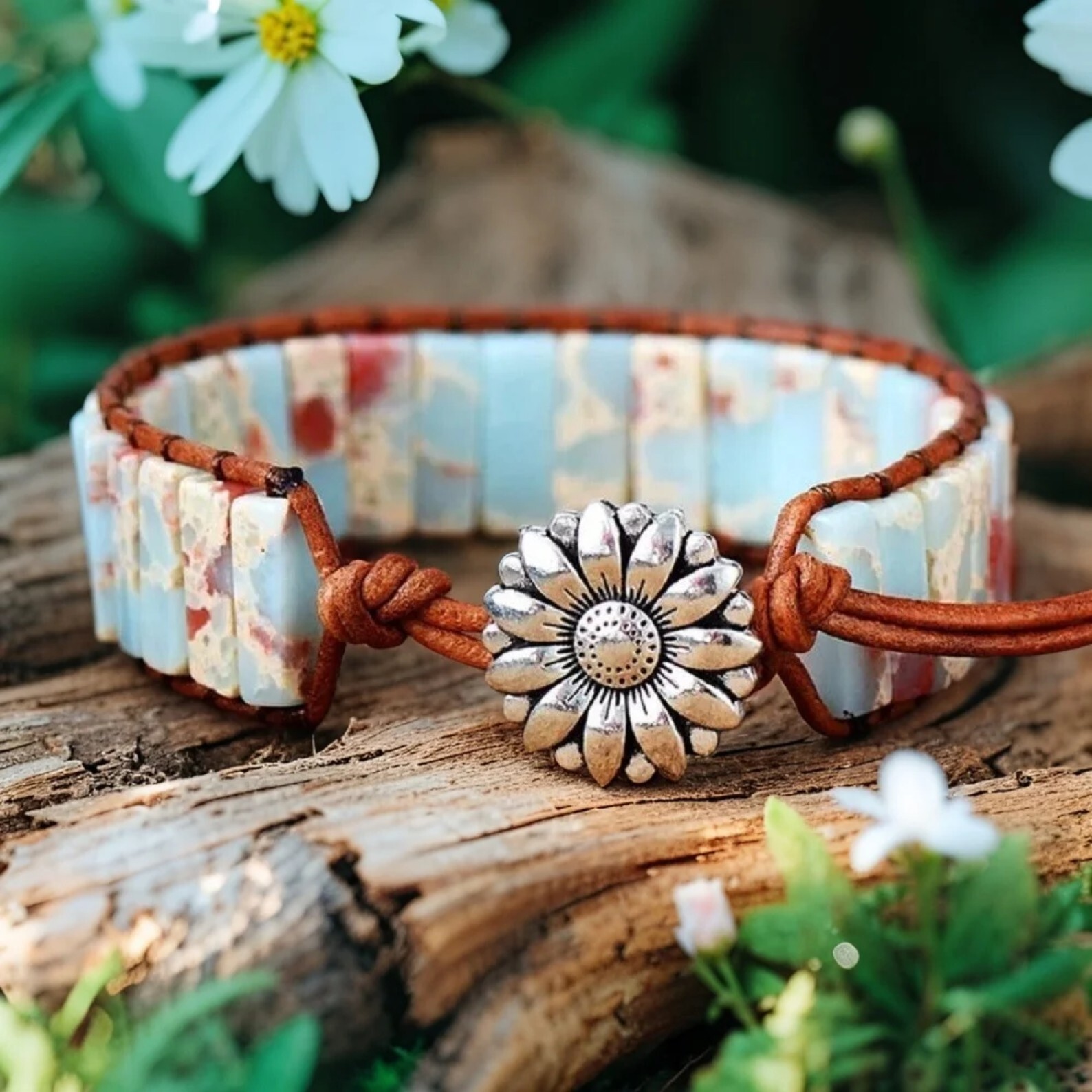 Natural African Opal Tube Stone Braided Gemstone Bracelet Adjustable Boho Gift
