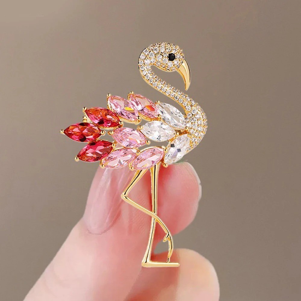 Pink Crystal Flamingo Bird Brooches For Women Gold Tone Animal Jewelry, Summer