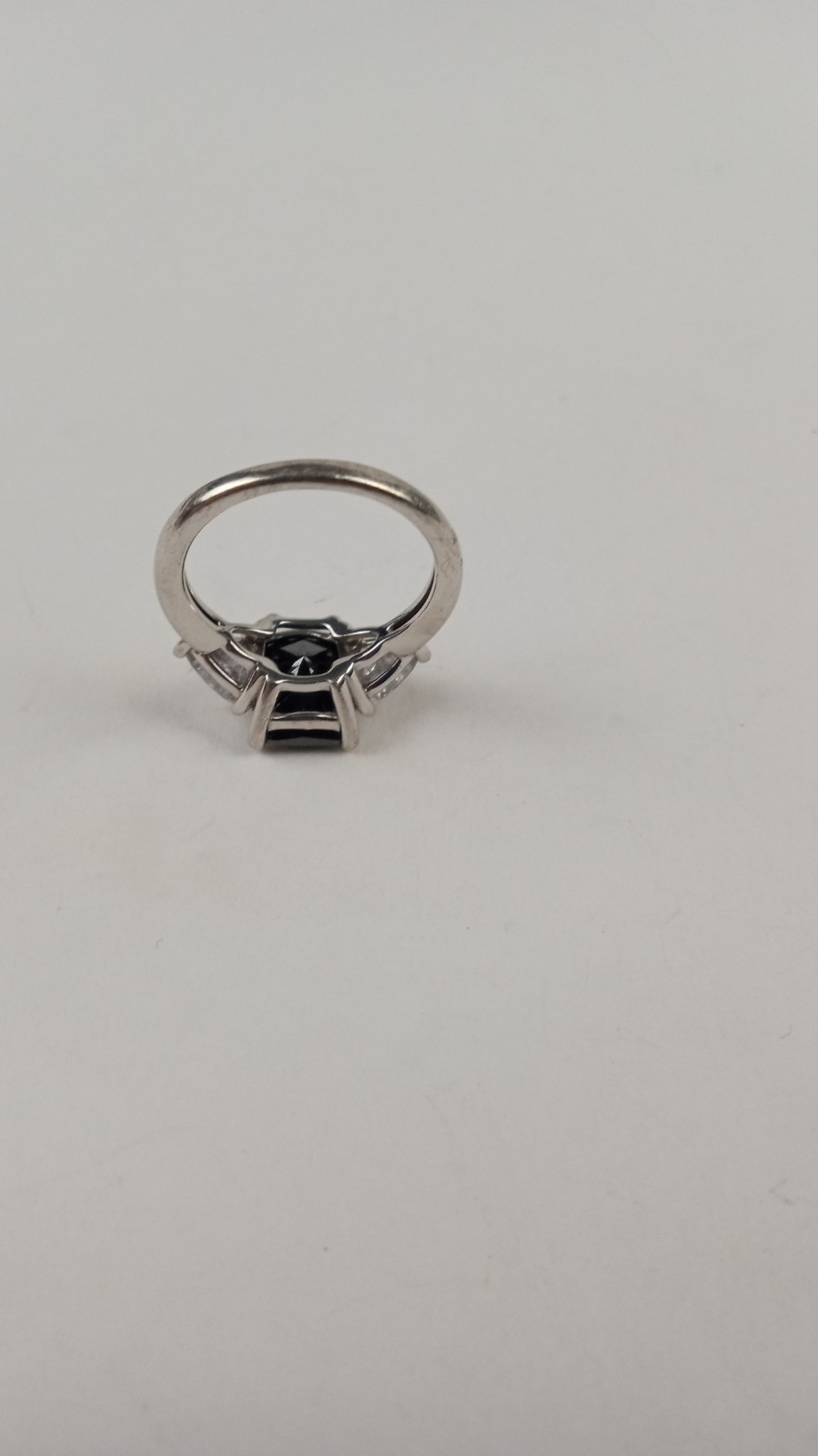 925 Sterling Silver Black Onyx CZ Three Stone Engagement Cocktail Ring sz 8 5.7g