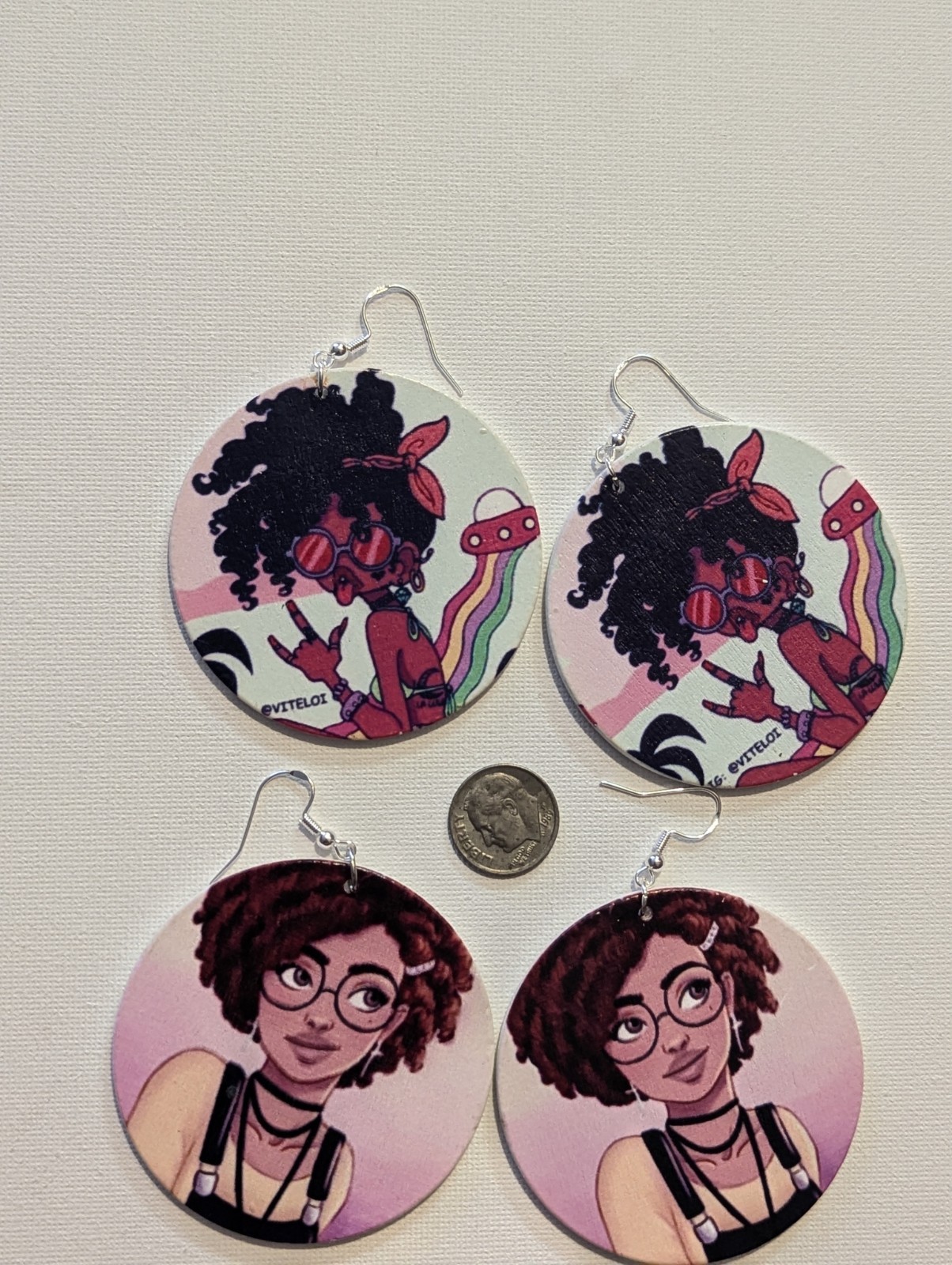 Multicolor Round Art Cartoon Girl Print Wood Dangle-Drop Hook Earrings