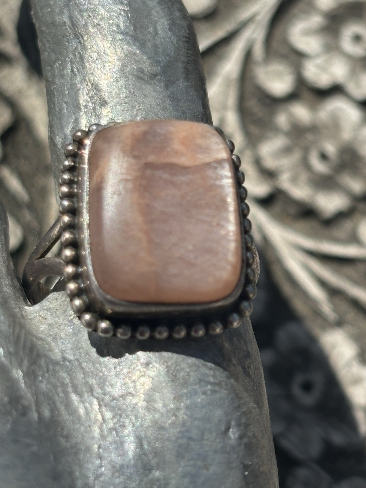 Handmade sterling silver peach moonstone ring size 8
