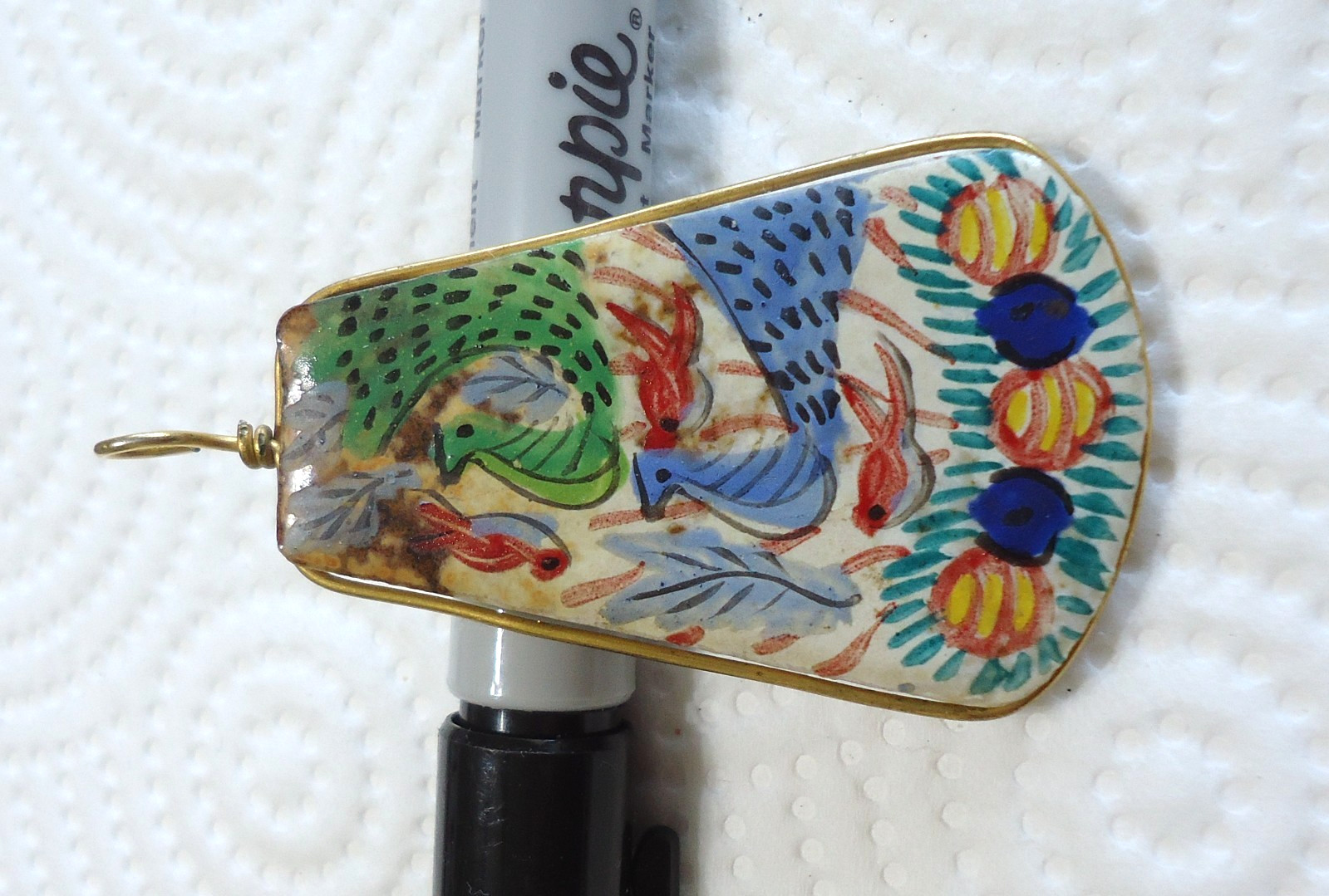 Hand Painted Ceramic Peacock Bird Pendant 2 1/2″ x 1 3/8″