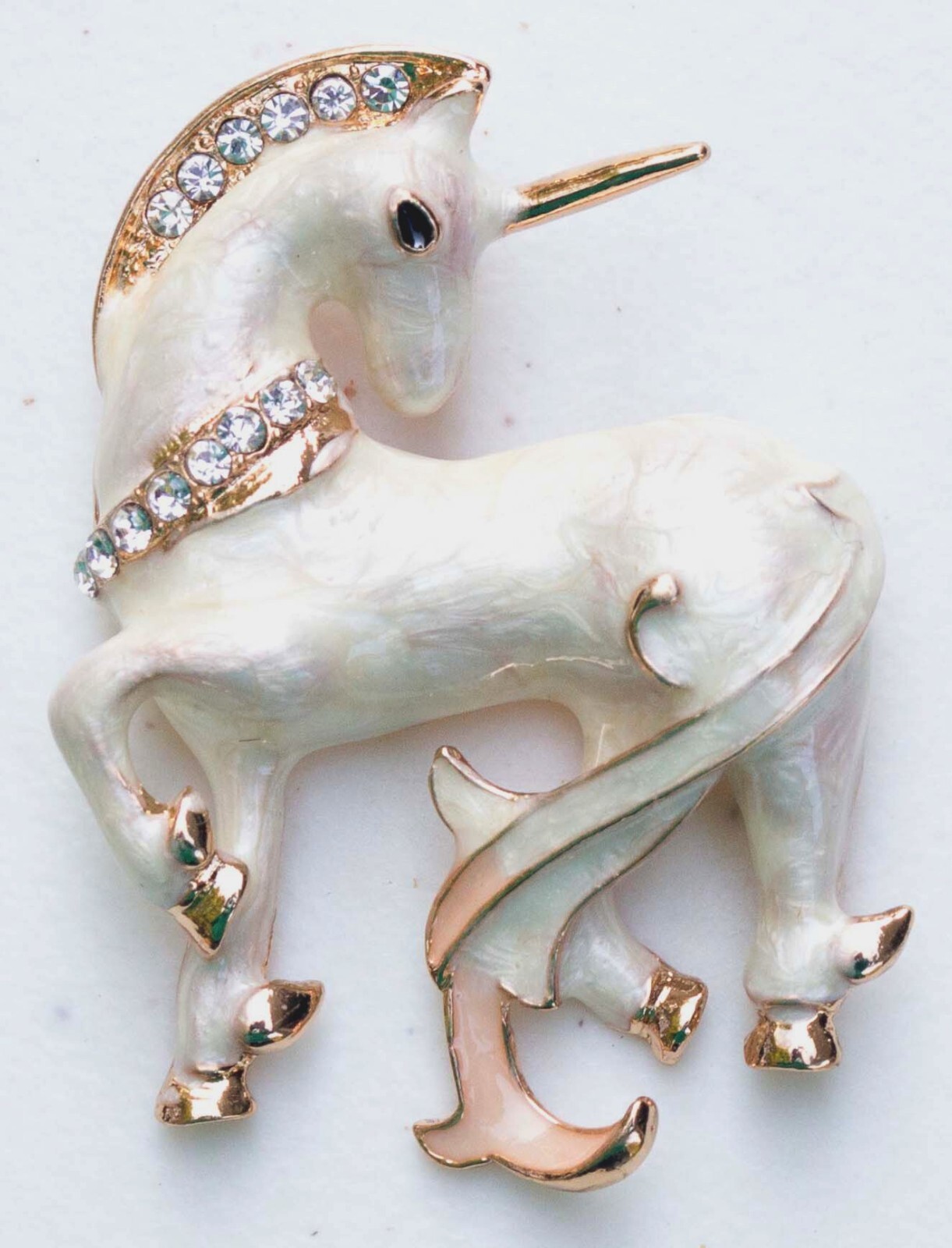 Swirled White Enamel & Crystal Unicorn brooch / pin / pendant. NWOT