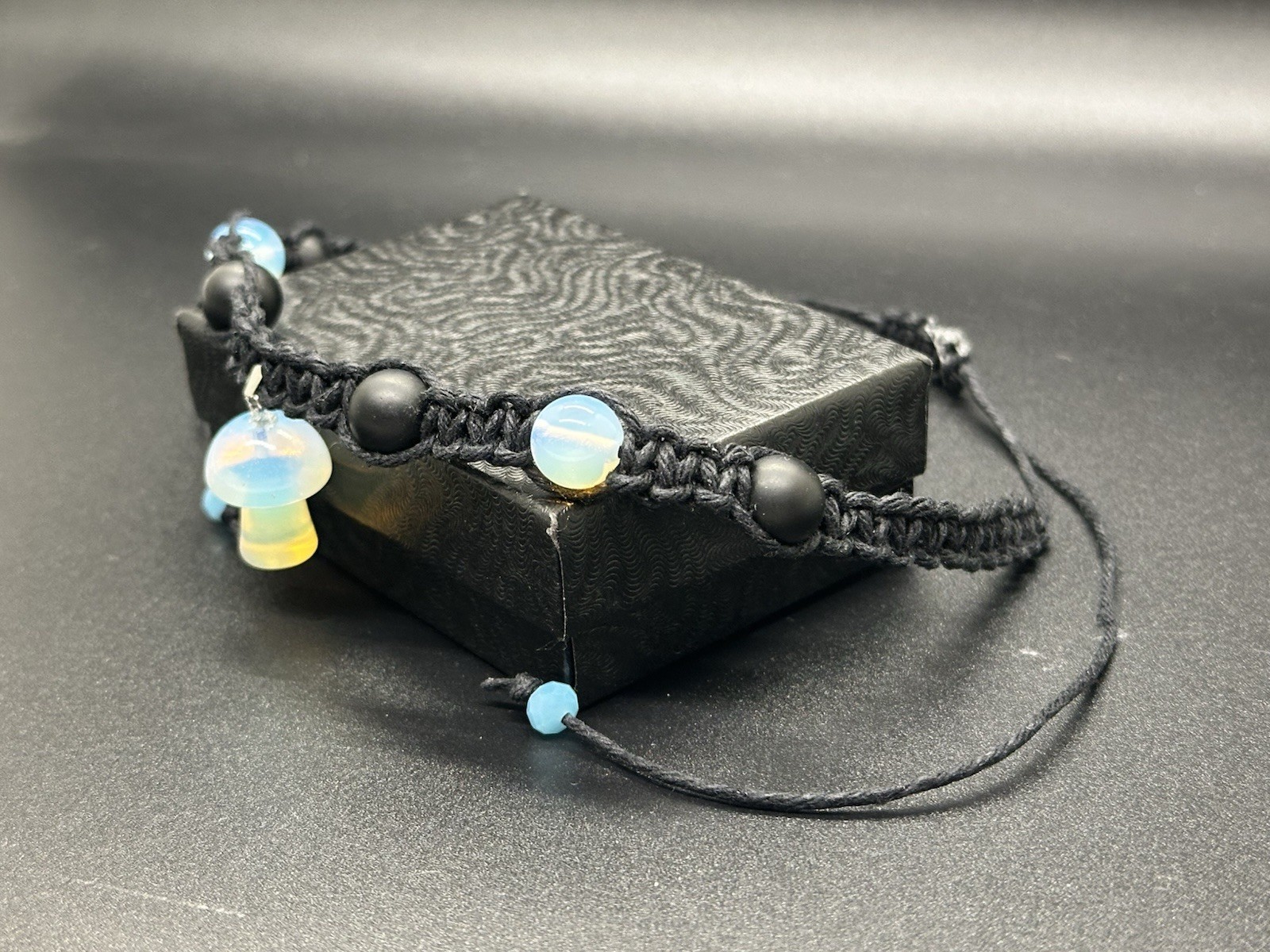 Opalite Mushroom Choker Necklace Matte Onyx Black Hemp Adjustable