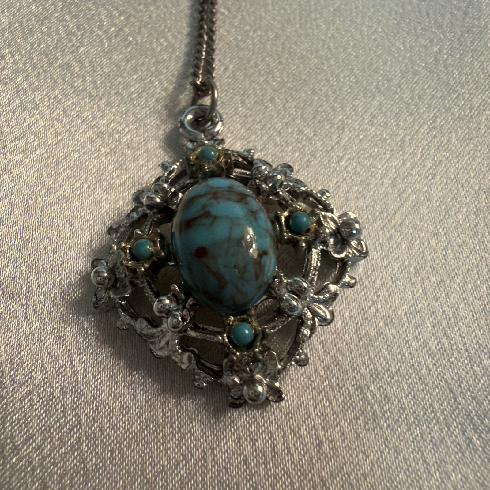 Turquoise And Silver Colored Pendant Necklace 18 Inches Long