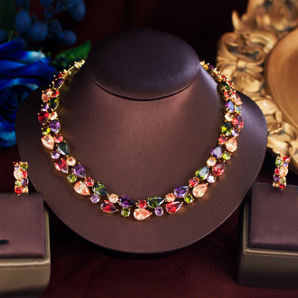 Charm Gold Plated Multicolor Cubic Zirconia Necklace Earrings Bridal Jewelry Set