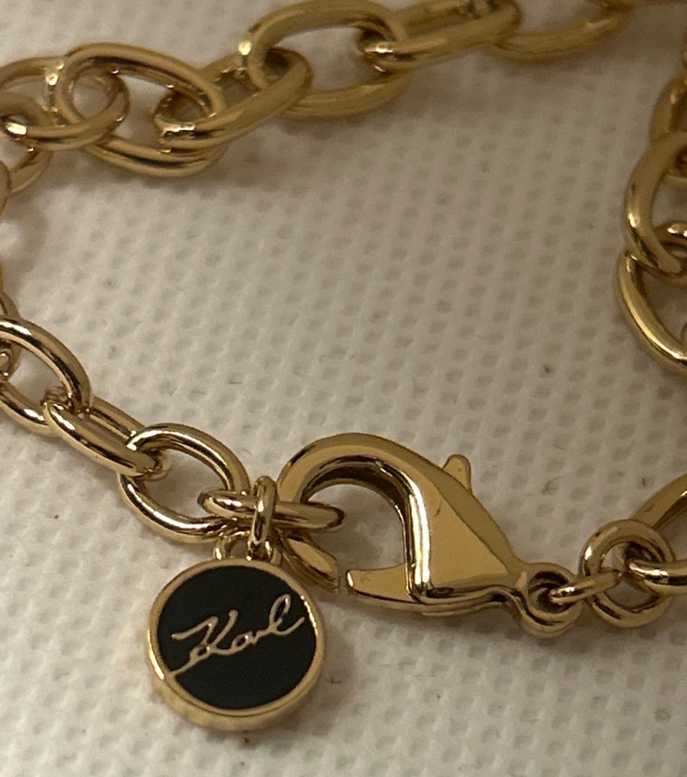 Karl Lagerfeld gold-tone link bracelet with cat charm Swarovski crystals 6.5”-8”