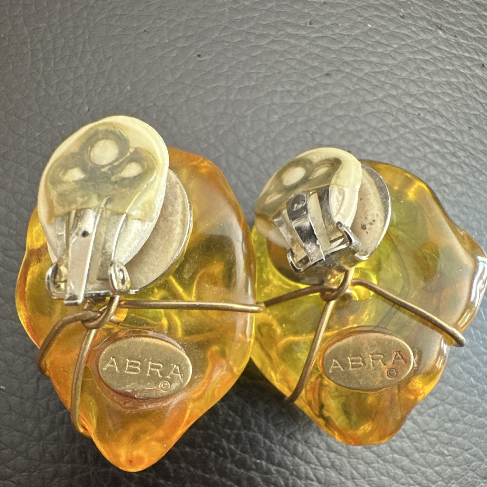 ABRA Signed Amber Freeform Beaded Wire Wrap Necklace Link & Clip On Earrings
