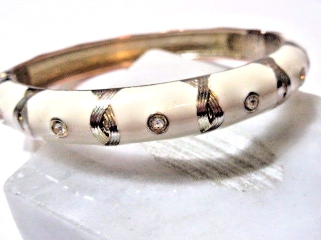 Off White Light Beige Enamel w Crystals Clamper Hinged Bracelet Modern