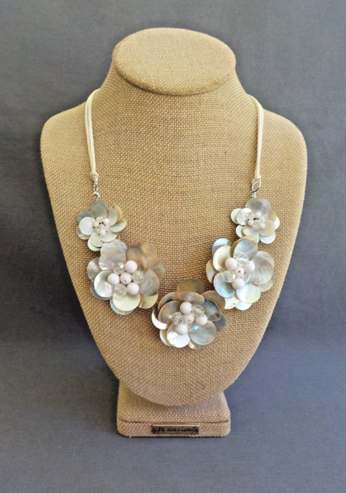 Flower Shell Necklace Bead Plastic Cord Metal Layered Petals Floral Handmade