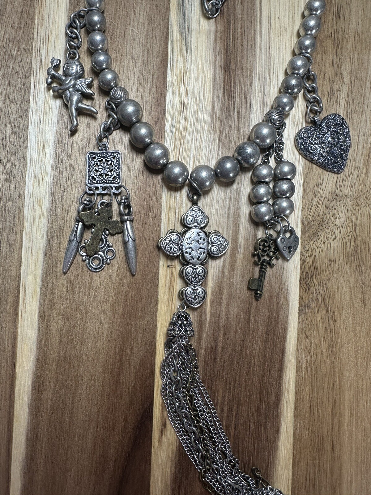 Charm Chain Necklace Angles Hearts & Crosses Beaded Silver Tone Statement