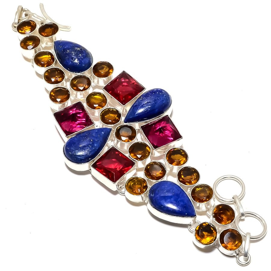 Natural Lapis Lazuli & Rubellite Gemstone 925 Sterling Silver Bracelet 7-8″T830