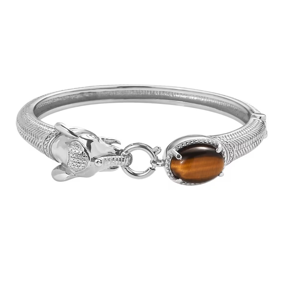 Tigers Eye 6.10 ctw Elephant Bangle Bracelet in Stainless Steel (8.00 In)