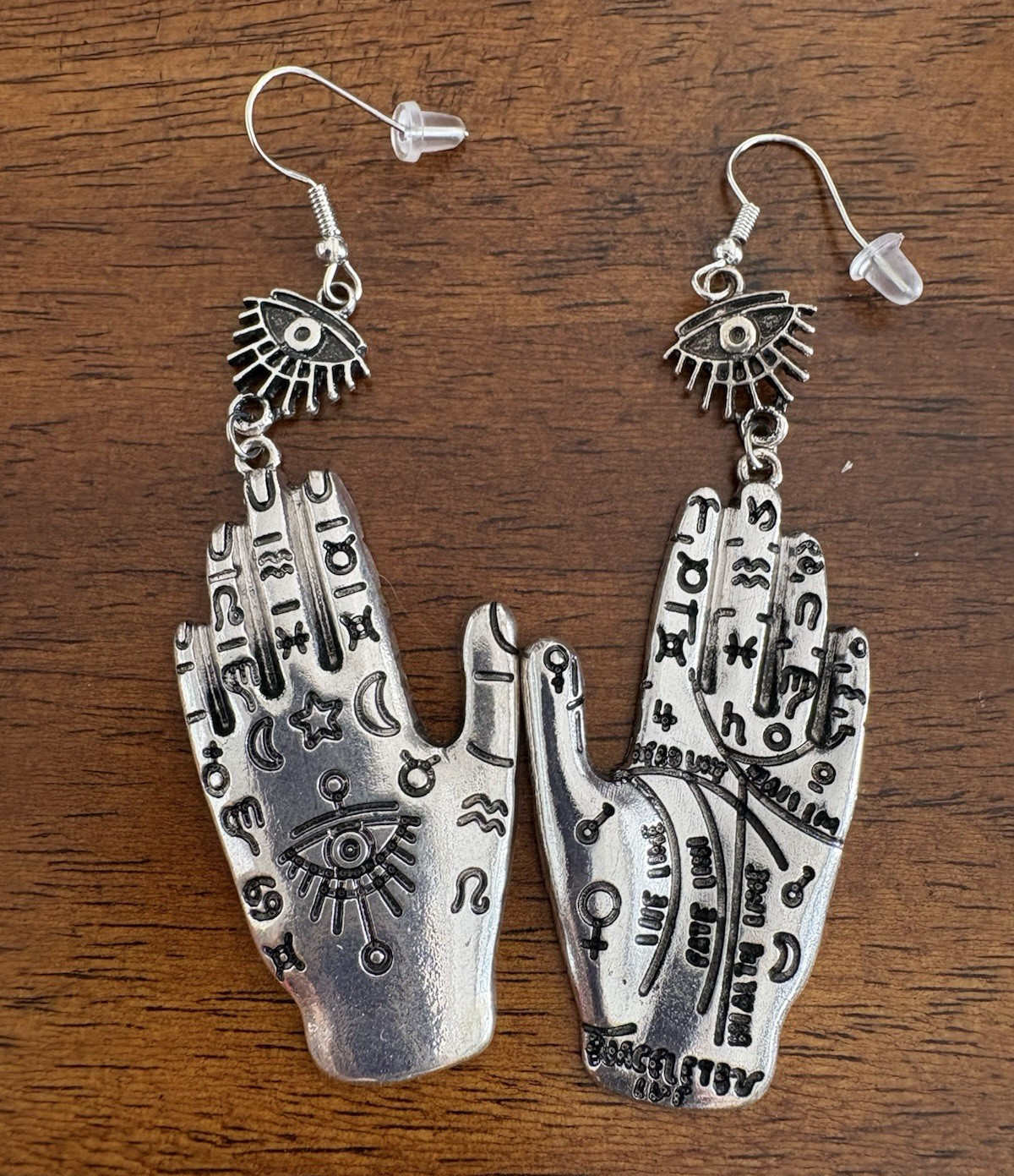Silver Tone Hand Palm Evil Eye Mystical Dangle Drop Hook Earrings